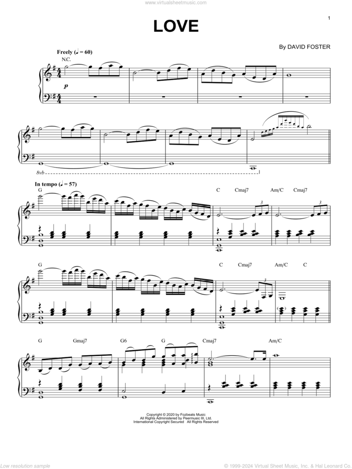 Love, (intermediate) sheet music for piano solo by David Foster, classical score, intermediate skill level