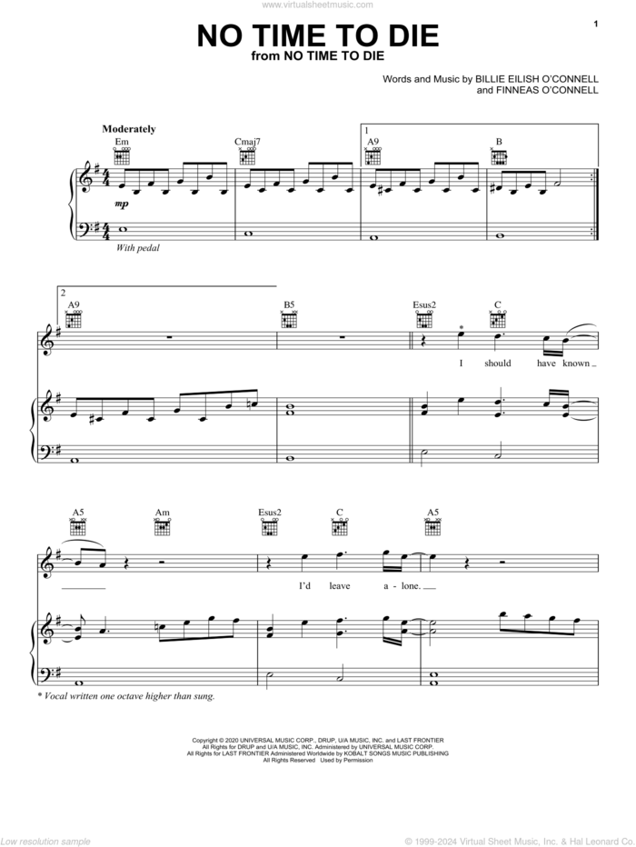 No Time To Die sheet music for voice, piano or guitar by Billie Eilish, intermediate skill level