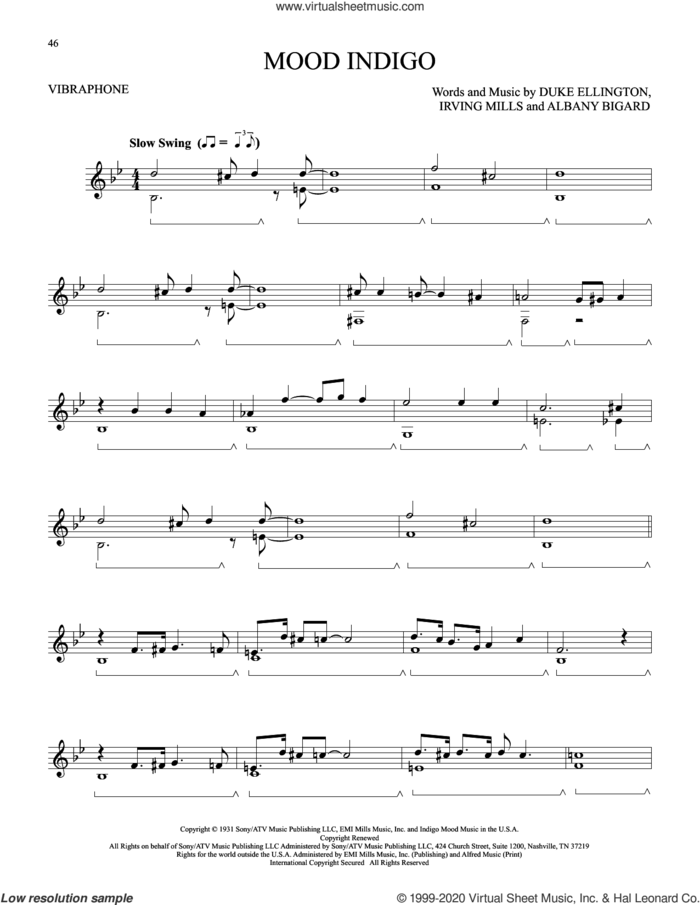 Mood Indigo sheet music for Vibraphone Solo by Duke Ellington, Albany Bigard and Irving Mills, intermediate skill level