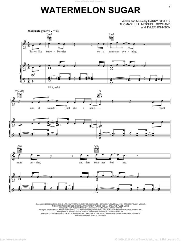 Watermelon Sugar sheet music for voice, piano or guitar by Harry Styles, Mitchell Rowland, Tom Hull and Tyler Johnson, intermediate skill level