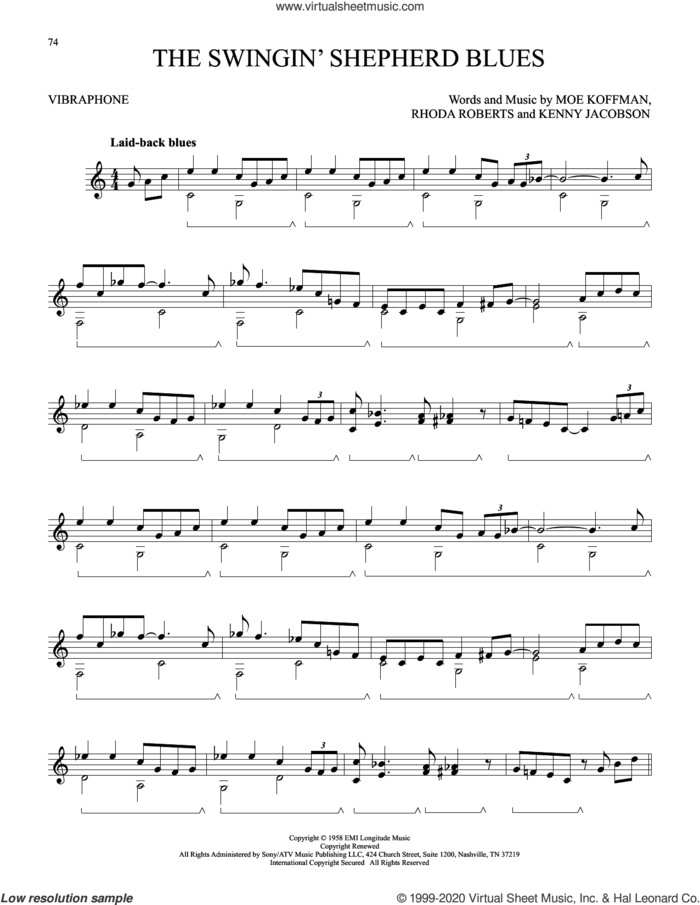 The Swingin' Shepherd Blues sheet music for Vibraphone Solo by Moe Koffman, Kenny Jacobson and Rhoda Roberts, intermediate skill level