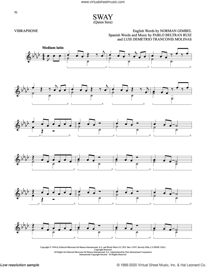 Sway (Quien Sera) sheet music for Vibraphone Solo by Dean Martin, Luis Demetrio Traconis Molina, Norman Gimbel and Pablo Beltran Ruiz, intermediate skill level