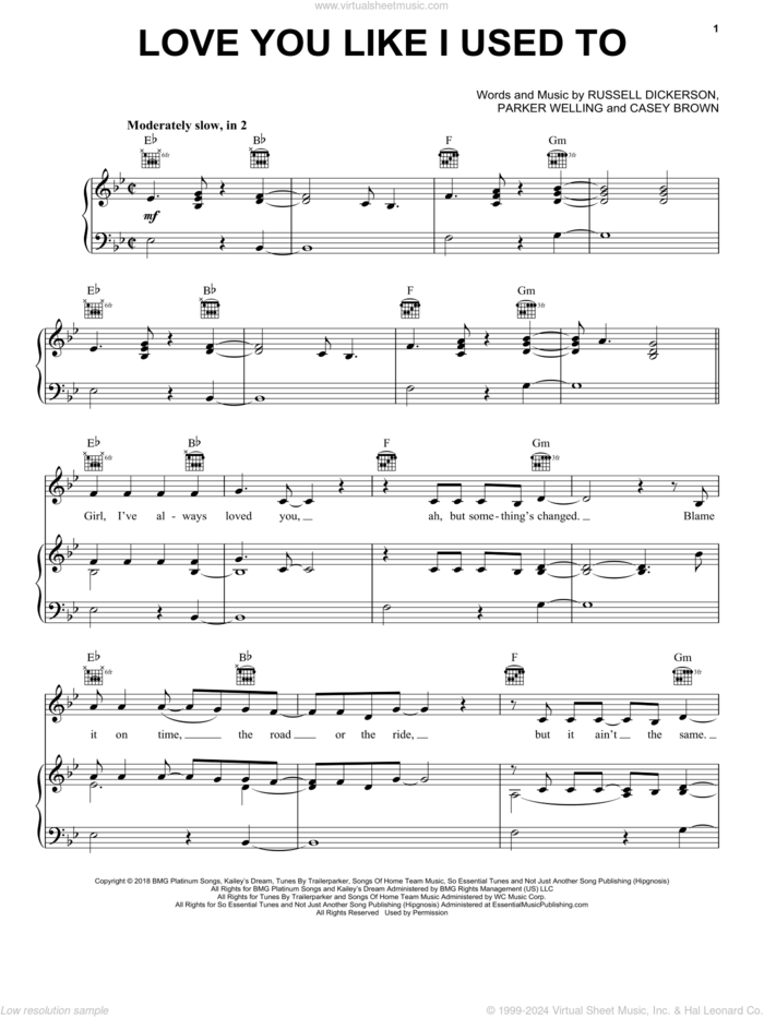 Love You Like I Used To sheet music for voice, piano or guitar by Russell Dickerson, Casey Brown and Parker Welling, intermediate skill level
