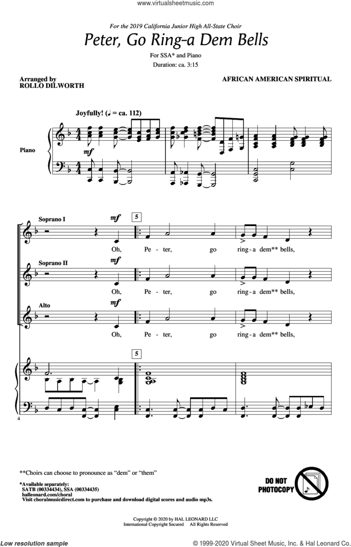 Peter Go Ring-A Dem Bells (arr. Rollo Dilworth) sheet music for choir (SSA: soprano, alto)  and Rollo Dilworth, intermediate skill level