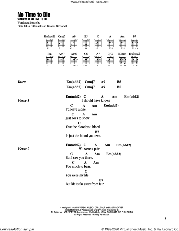 No Time To Die sheet music for guitar (chords) by Billie Eilish, intermediate skill level