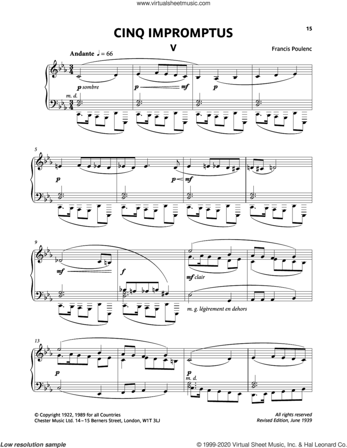 Five Impromptus - V. Andante sheet music for piano solo by Francis Poulenc, classical score, intermediate skill level