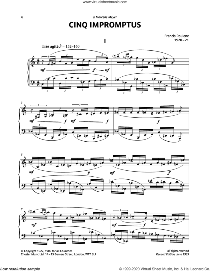 Five Impromptus -  I. Tres Agite sheet music for piano solo by Francis Poulenc, classical score, intermediate skill level