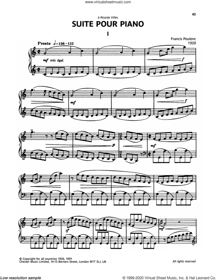 Suite For Piano - I. Presto sheet music for piano solo by Francis Poulenc, classical score, intermediate skill level