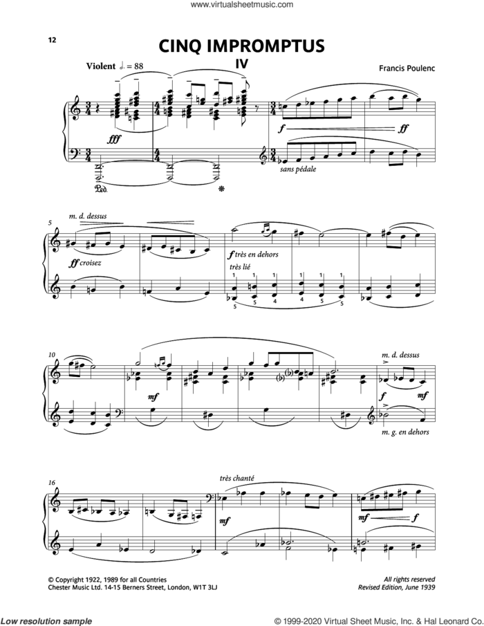 Five Impromptus - IV. Violent sheet music for piano solo by Francis Poulenc, classical score, intermediate skill level