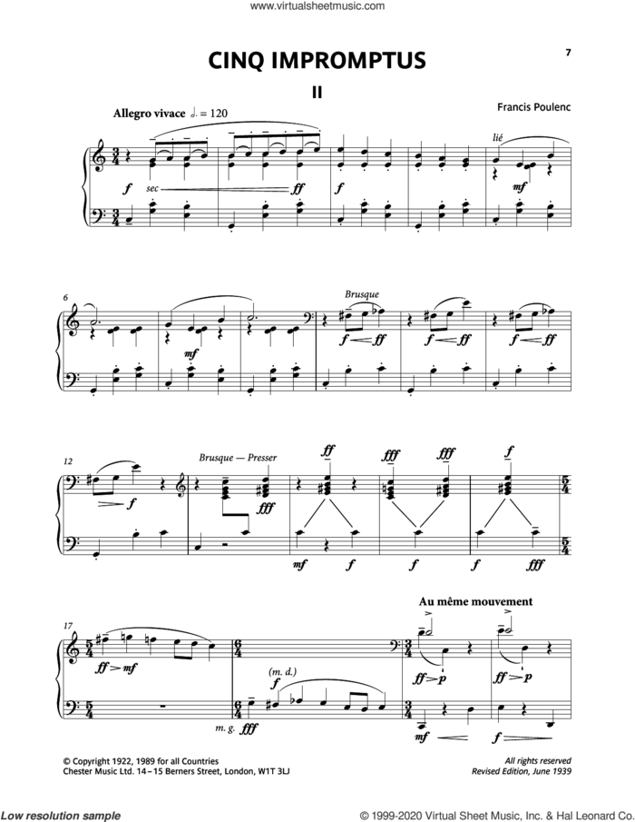 Five Impromptus - II. Allegro Vivace sheet music for piano solo by Francis Poulenc, classical score, intermediate skill level