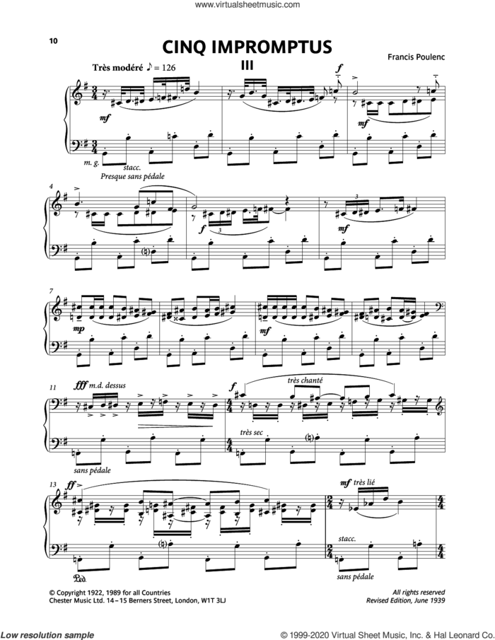 Five Impromptus - III. Tres Modere sheet music for piano solo by Francis Poulenc, classical score, intermediate skill level