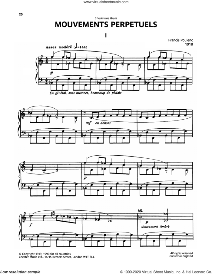 Mouvements Perpetuel One sheet music for piano solo by Francis Poulenc, classical score, intermediate skill level