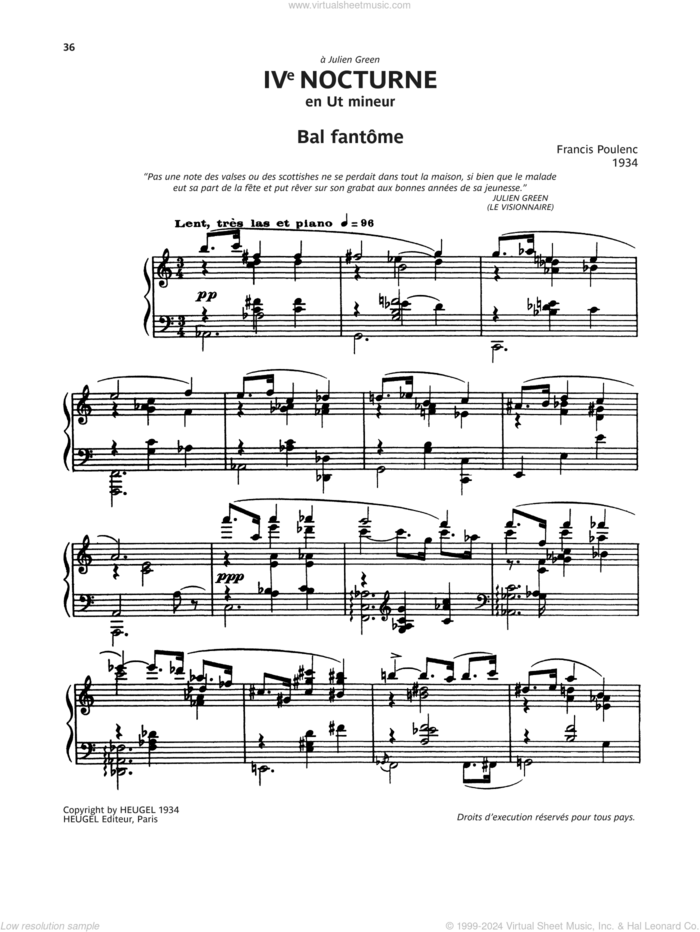 Nocturne No. 4 (Bal Fantome) sheet music for piano solo by Francis Poulenc, classical score, intermediate skill level