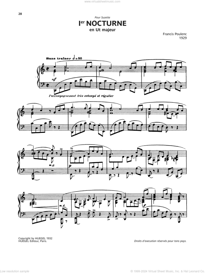 Nocturne No. 1 sheet music for piano solo by Francis Poulenc, classical score, intermediate skill level