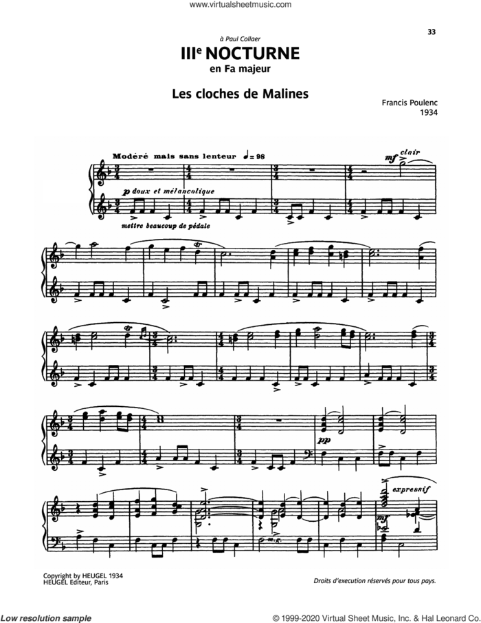 Nocturne No. 3 (Les Cloches De Malines) sheet music for piano solo by Francis Poulenc, classical score, intermediate skill level