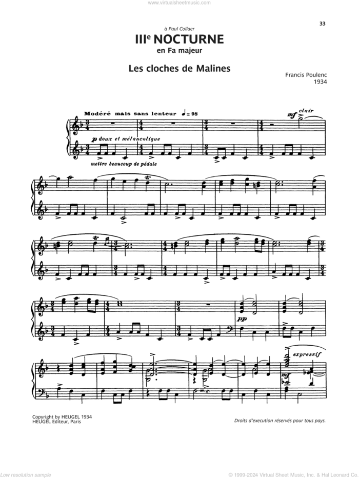 Nocturne No. 3 (Les Cloches De Malines) sheet music for piano solo by Francis Poulenc, classical score, intermediate skill level