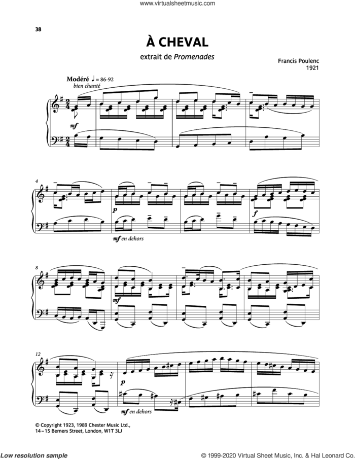 A Cheval sheet music for piano solo by Francis Poulenc, classical score, intermediate skill level