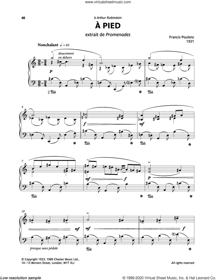 A Pied sheet music for piano solo by Francis Poulenc, classical score, intermediate skill level