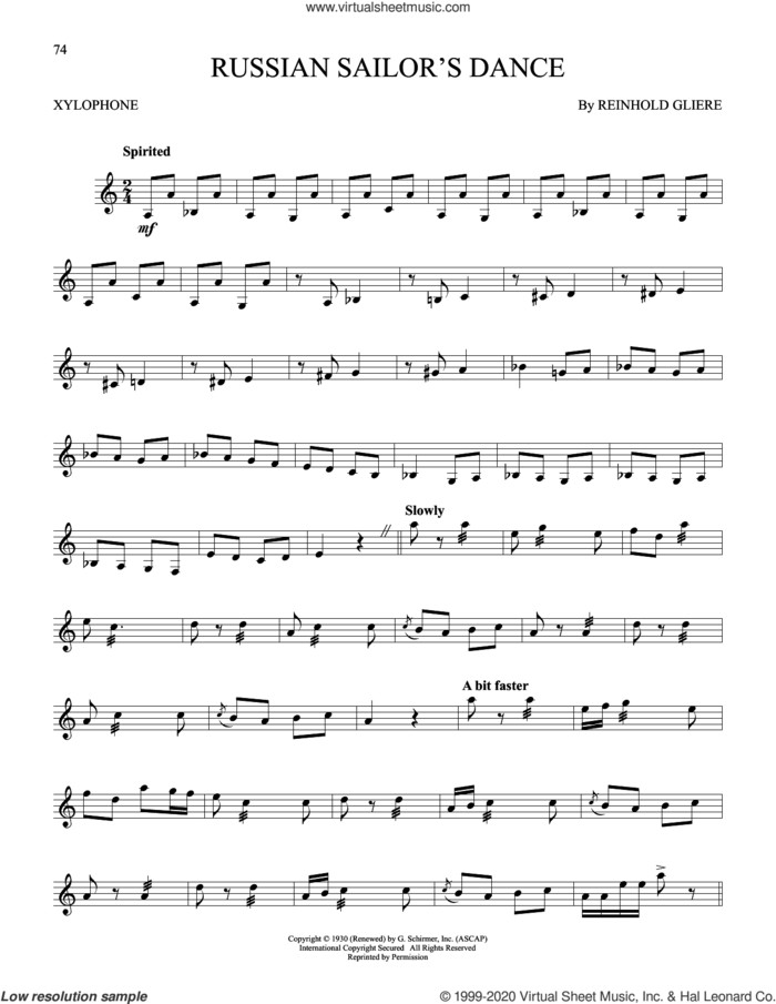 Russian Sailor's Dance sheet music for Xylophone Solo (xilofone, xilofono, silofono) by Reinhold Gliere, classical score, intermediate skill level