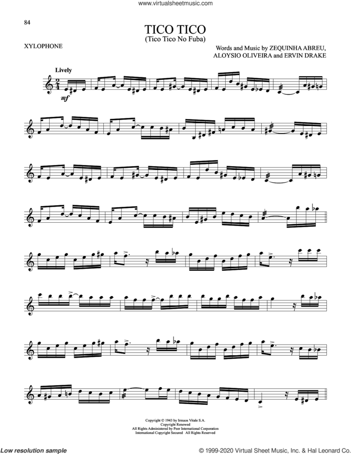 Tico Tico (Tico Tico No Fuba) sheet music for Xylophone Solo (xilofone, xilofono, silofono) by The Andrews Sisters, Aloysio Oliveira, Ervin Drake and Zequinha de Abreu, intermediate skill level