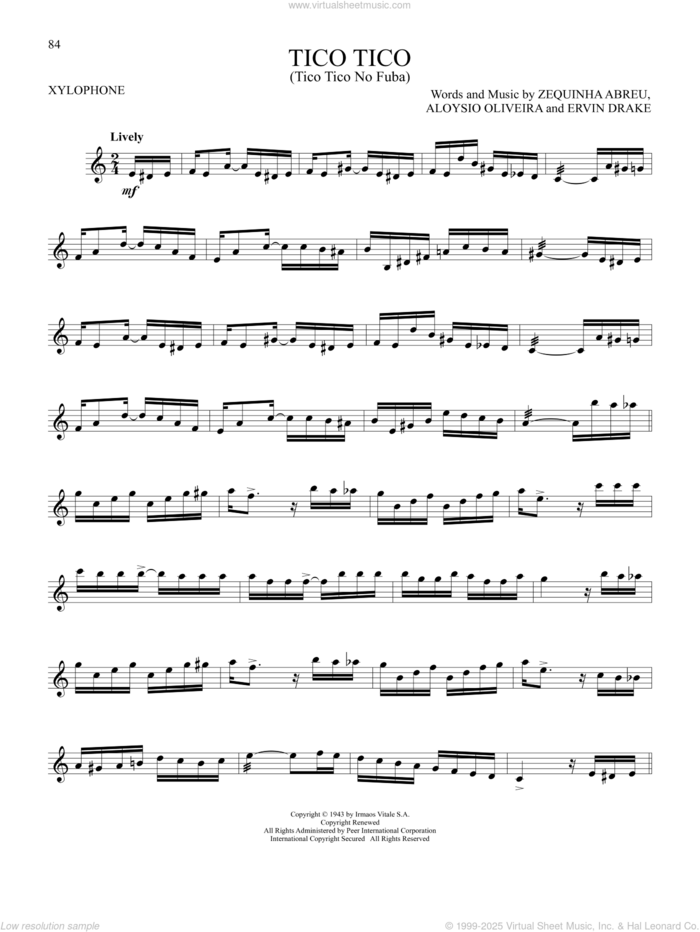 Tico Tico (Tico Tico No Fuba) sheet music for Xylophone Solo (xilofone, xilofono, silofono) by The Andrews Sisters, Aloysio Oliveira, Ervin Drake and Zequinha de Abreu, intermediate skill level