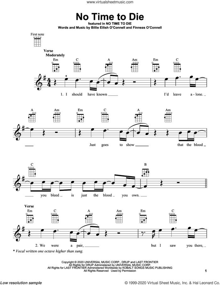 No Time To Die sheet music for ukulele by Billie Eilish, intermediate skill level
