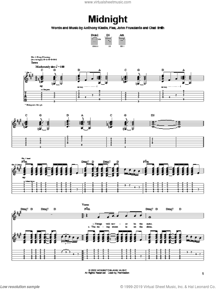 Midnight sheet music for guitar (tablature) by Red Hot Chili Peppers, Anthony Kiedis, Flea and John Frusciante, intermediate skill level