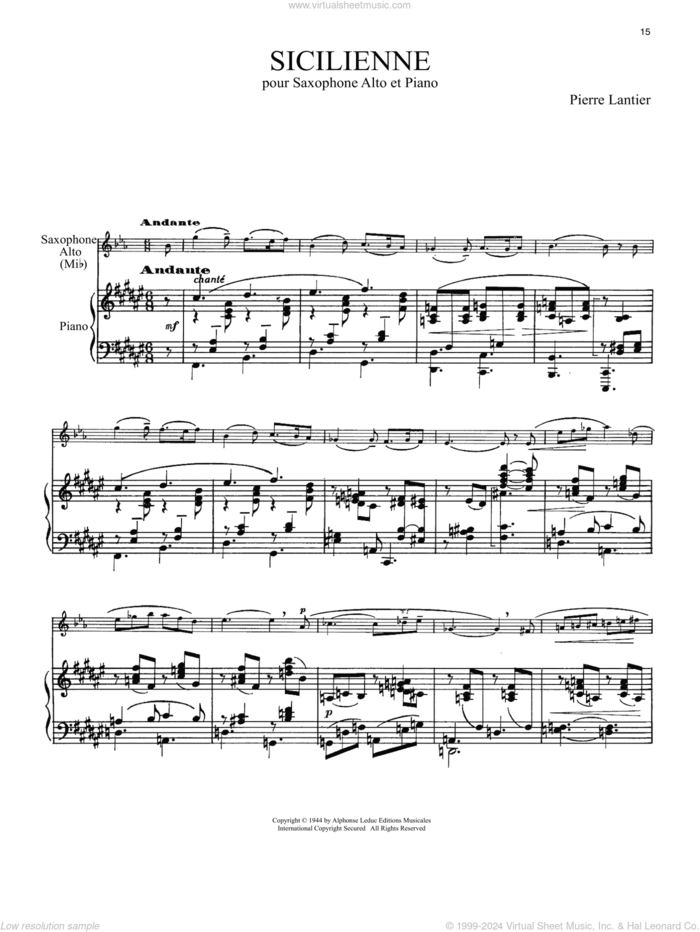 Sicilienne sheet music for alto saxophone and piano by Pierre Lantier and Nicole Roman, classical score, intermediate skill level