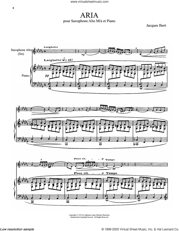 Aria sheet music for alto saxophone and piano by Jacques Ibert and Nicole Roman, classical score, intermediate skill level