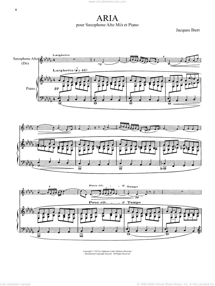 Aria sheet music for alto saxophone and piano by Jacques Ibert and Nicole Roman, classical score, intermediate skill level