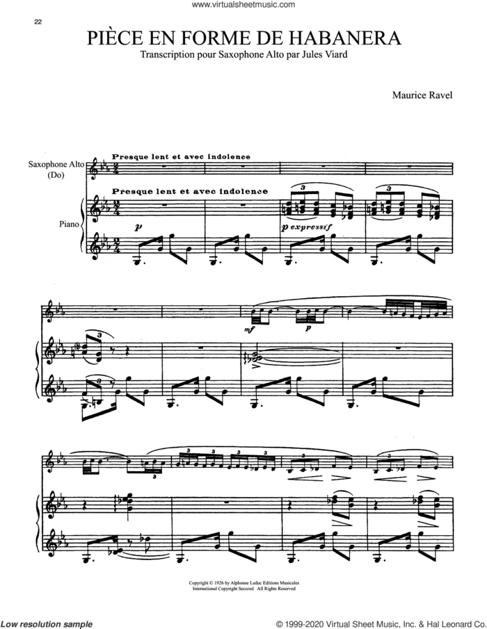Piece En Forme De Habanera sheet music for alto saxophone and piano by Maurice Ravel and Nicole Roman, classical score, intermediate skill level