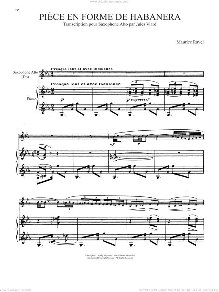 Piece En Forme De Habanera sheet music for alto saxophone and piano by Maurice Ravel and Nicole Roman, classical score, intermediate skill level