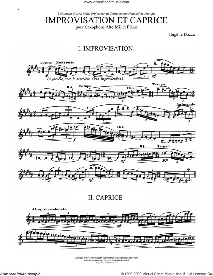 Improvisation Et Caprice sheet music for alto saxophone solo by Eugene Bozza, Nicole Roman and Eugene Bozza, classical score, intermediate skill level