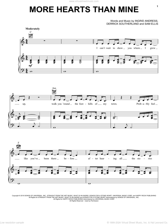 More Hearts Than Mine sheet music for voice, piano or guitar by Ingrid Andress, Derrick Southerland and Sam Ellis, intermediate skill level