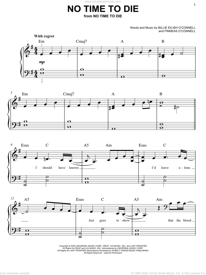 No Time To Die, (easy) sheet music for piano solo by Billie Eilish, easy skill level