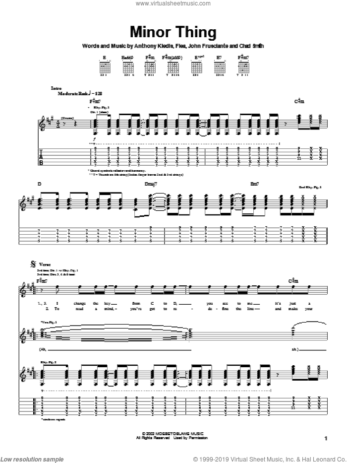 Minor Thing sheet music for guitar (tablature) by Red Hot Chili Peppers, Anthony Kiedis, Flea and John Frusciante, intermediate skill level
