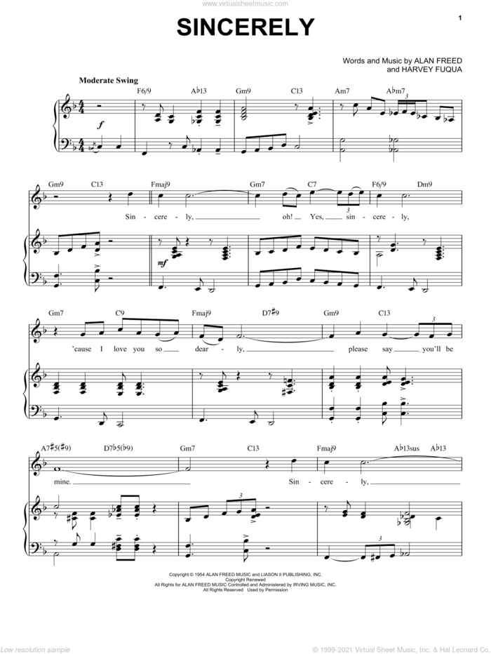 Sincerely [Jazz version] (arr. Brent Edstrom) sheet music for voice and piano (High Voice) by Moonglows, McGuire Sisters, Alan Freed and Harvey Fuqua, intermediate skill level