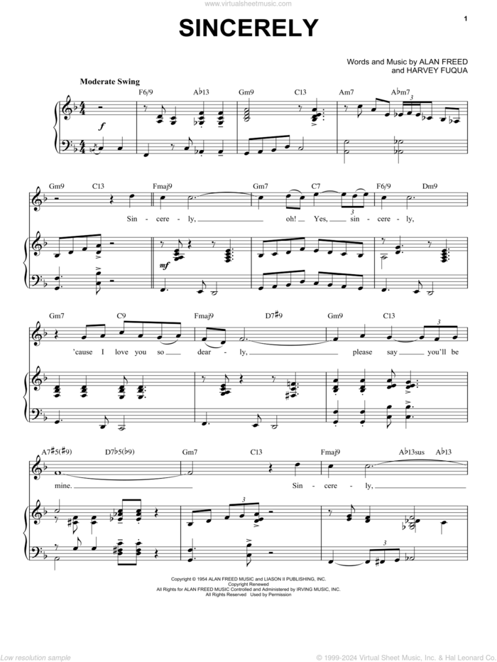 Sincerely [Jazz version] (arr. Brent Edstrom) sheet music for voice and piano (High Voice) by Moonglows, McGuire Sisters, Alan Freed and Harvey Fuqua, intermediate skill level