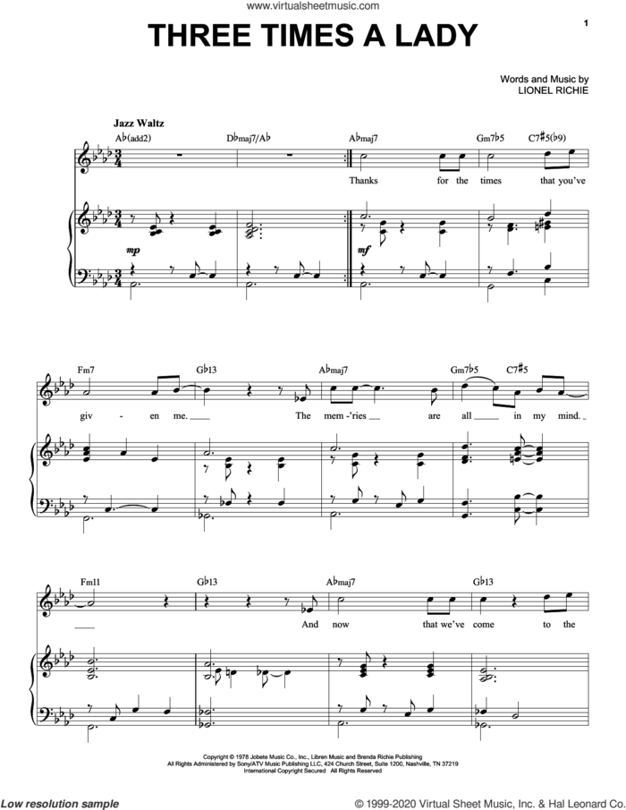 Three Times A Lady [Jazz version] (arr. Brent Edstrom) sheet music for voice and piano (High Voice) by The Commodores and Lionel Richie, intermediate skill level