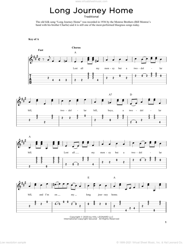 Long Journey Home (arr. Fred Sokolow) sheet music for guitar solo  and Fred Sokolow, intermediate skill level