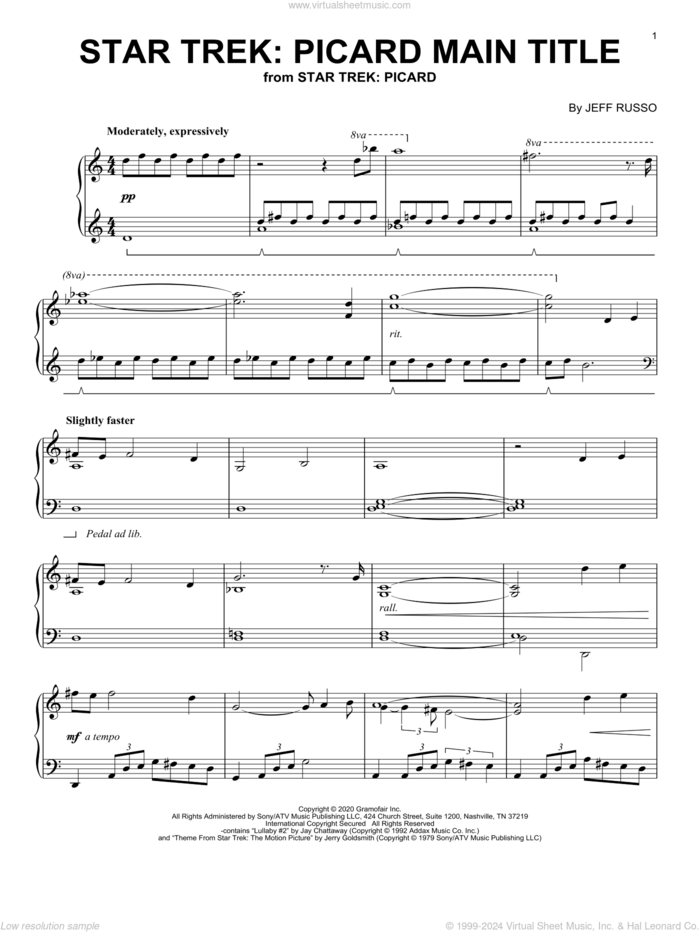 Star Trek: Picard Main Title sheet music for piano solo by Jerry Goldsmith, Jay Chattaway and Jeff Russo, intermediate skill level