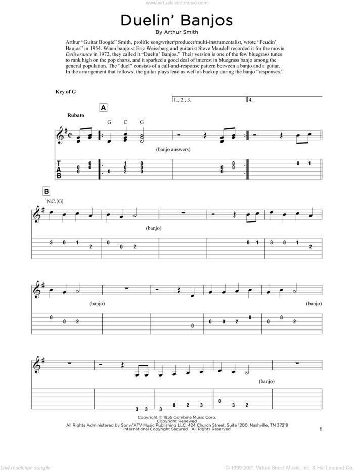 Duelin' Banjos (arr. Fred Sokolow) sheet music for guitar solo by Eric Weissberg & Steve Mandell, Fred Sokolow and Arthur Smith, intermediate skill level