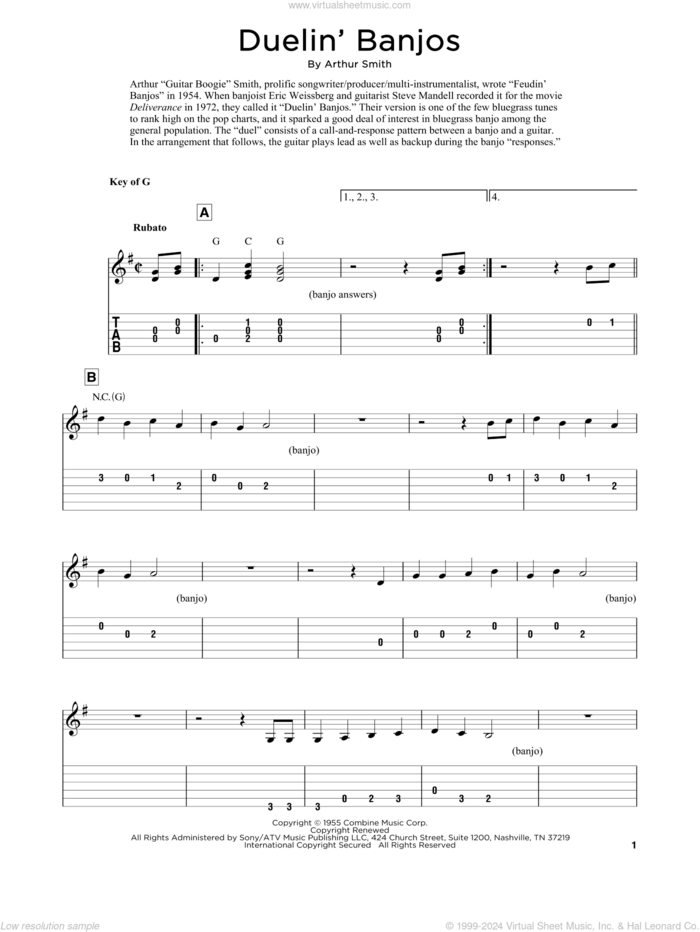 Duelin' Banjos (arr. Fred Sokolow) sheet music for guitar solo by Eric Weissberg & Steve Mandell, Fred Sokolow and Arthur Smith, intermediate skill level