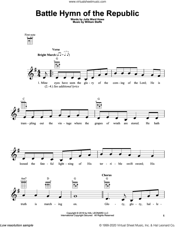 Battle Hymn Of The Republic sheet music for ukulele by William Steffe, Julia Ward Howe and Julia Ward Howe & William Steffe, intermediate skill level