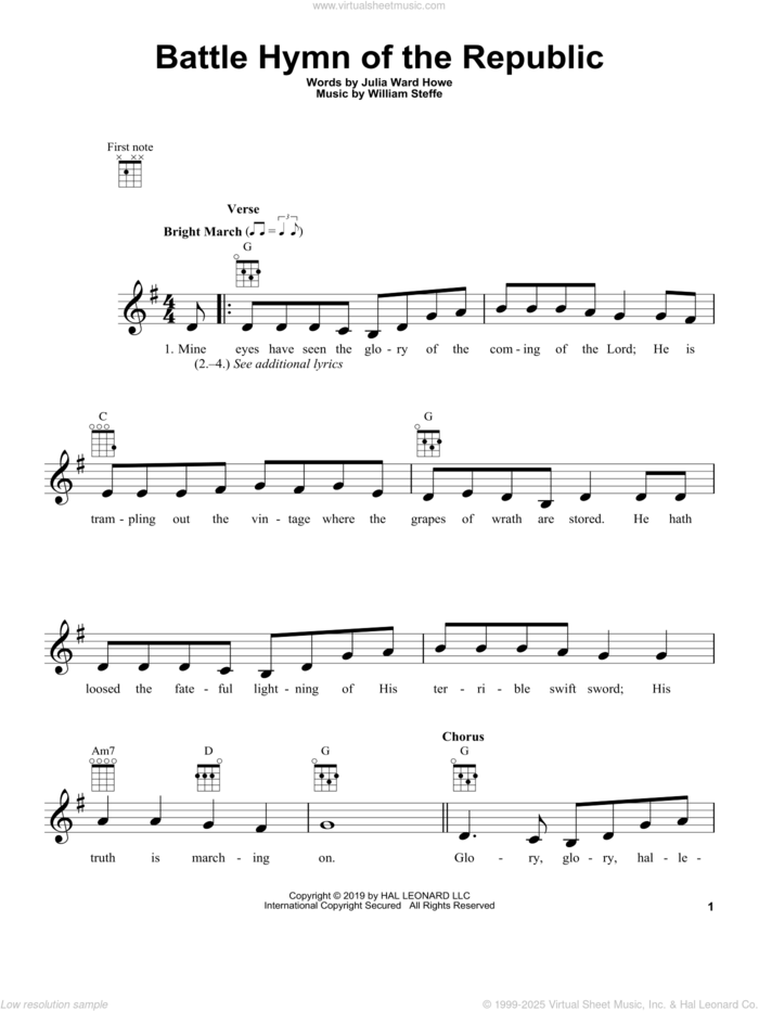 Battle Hymn Of The Republic sheet music for ukulele by William Steffe, Julia Ward Howe and Julia Ward Howe & William Steffe, intermediate skill level