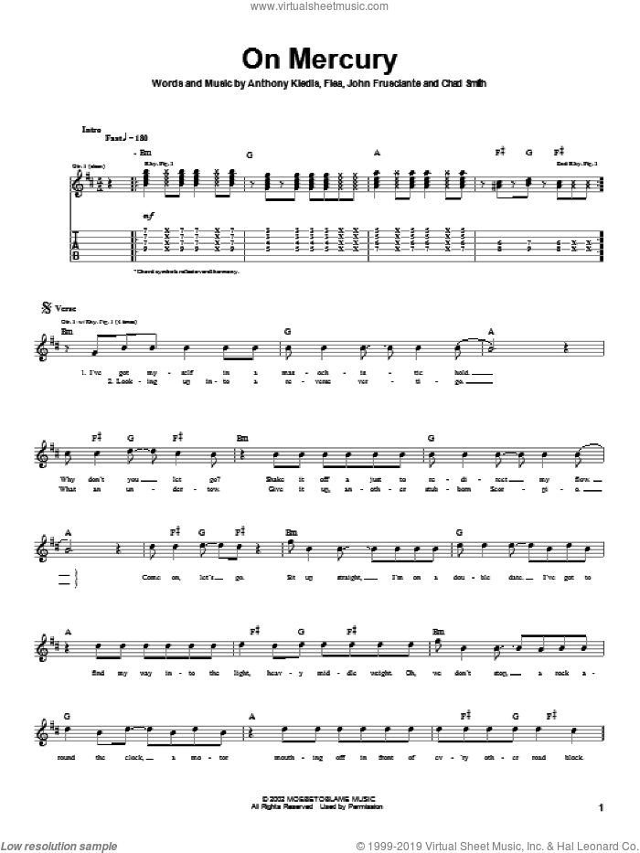 On Mercury sheet music for guitar (tablature) by Red Hot Chili Peppers, Anthony Kiedis, Flea and John Frusciante, intermediate skill level