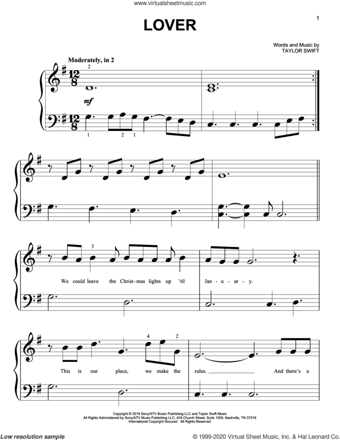 Lover sheet music for piano solo (big note book) by Taylor Swift, easy piano (big note book)