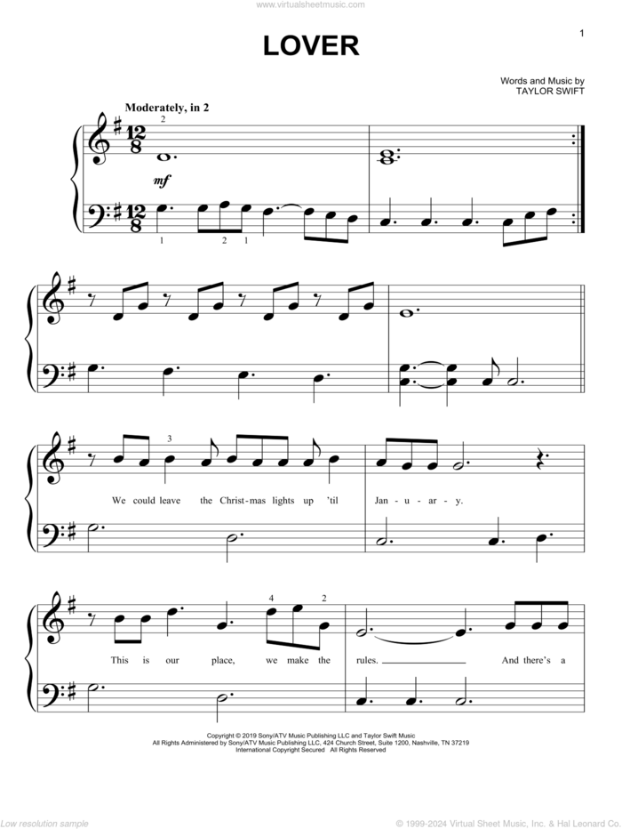 Lover sheet music for piano solo (big note book) by Taylor Swift, easy piano (big note book)