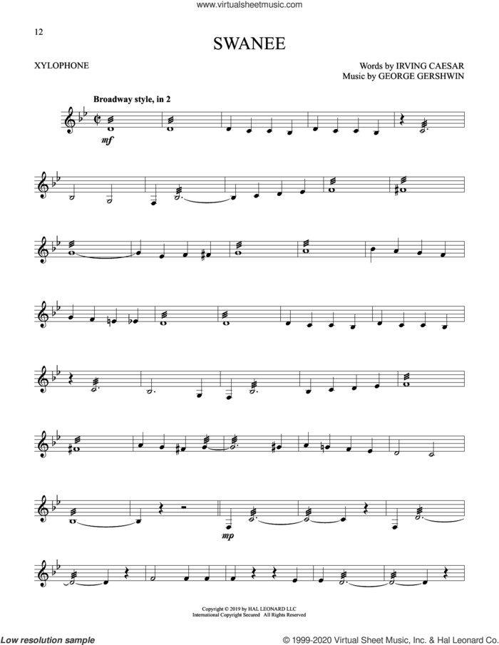 Swanee sheet music for Xylophone Solo (xilofone, xilofono, silofono) by George Gershwin and Irving Caesar, intermediate skill level