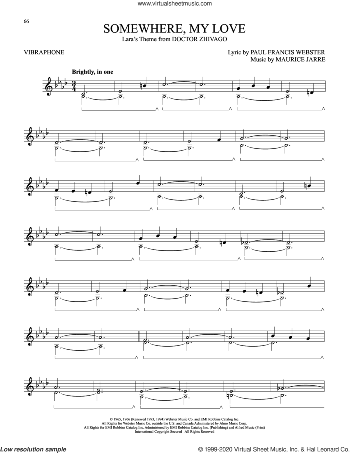 Somewhere, My Love (Lara's Theme from Doctor Zhivago) sheet music for Vibraphone Solo by Paul Francis Webster and Maurice Jarre, intermediate skill level